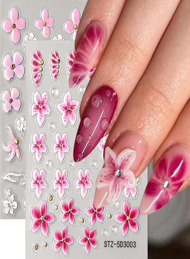 BSBTBZ Flowers Nail Stickers, 5D Embossed Pink Small Flower Nail Decals, Spring Relief Lily Nail Art, 3D Acrylic Flowers Embossed Sliders Gold Star Cherry Blossom Manicure Decor for DIY Nail Art Decorations - Image 5